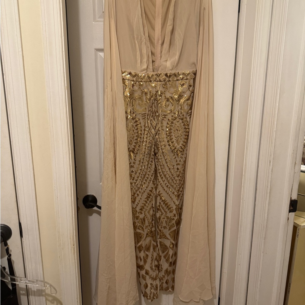 Banjul Tan Cream Sequin Jumpsuit Sweetheart Neckline